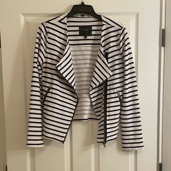 Sanctuary Prep Moto Jacket in Navy Stripe with Front Zip and Pockets - Picture 3 of 12